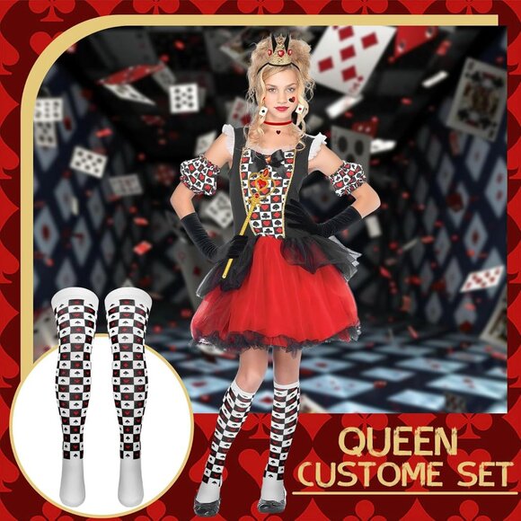 Queen of Hearts Costume Set for Women Red and Black Includes Cloak Crown - Picture 4 of 7